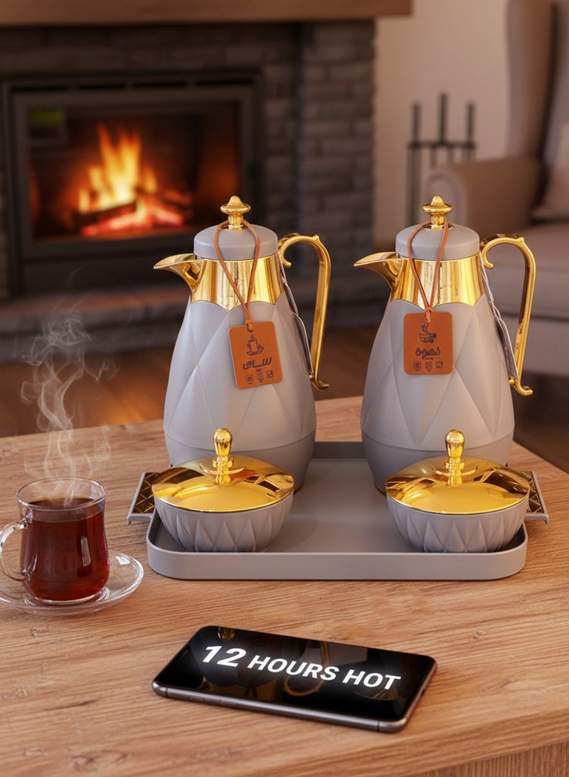 لوفر طقم ترامس شاي وقهوة فاخر بتصميم ماسي أنيق – عدد 2 ترمس مع صينية وعلب تقديم بغطاء – مثالي للضيافة والمناسبات - Image 3